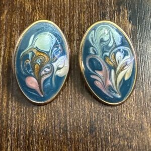 Vintage Gold Tone Oval Colorful Enamel Swirl Earrings Cocktail Fashion